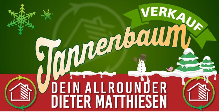 Verkaufsschild für Tannenbäume mit festlicher Gestaltung und winterlichen Elementen.